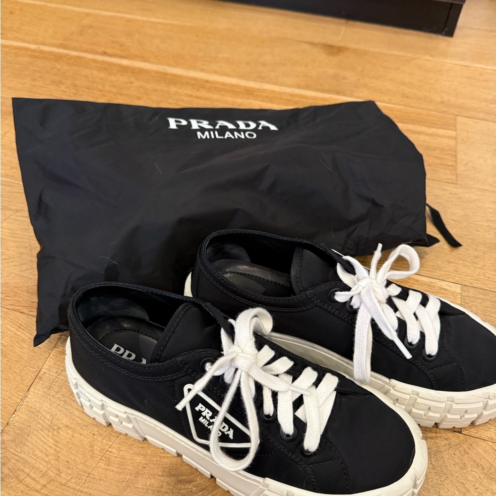 Prada Black Canvas Low-Top Sneakers with White Laces - Picture 1 of 6